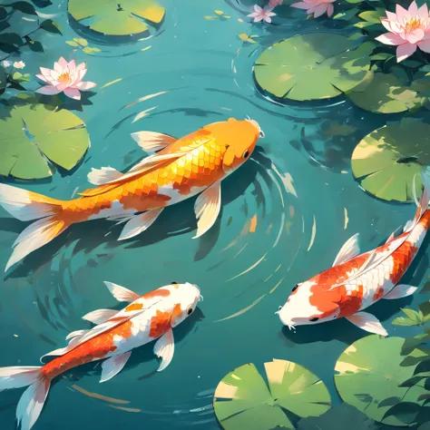 (best quality,4k,highres),detailed colorful koi fish swimming in a tranquil pond,traditional ink painting style,shimmering reflections and water ripples,serene and peaceful atmosphere,colorful and vibrant scales of the koi fish,realistic and intricate brus...