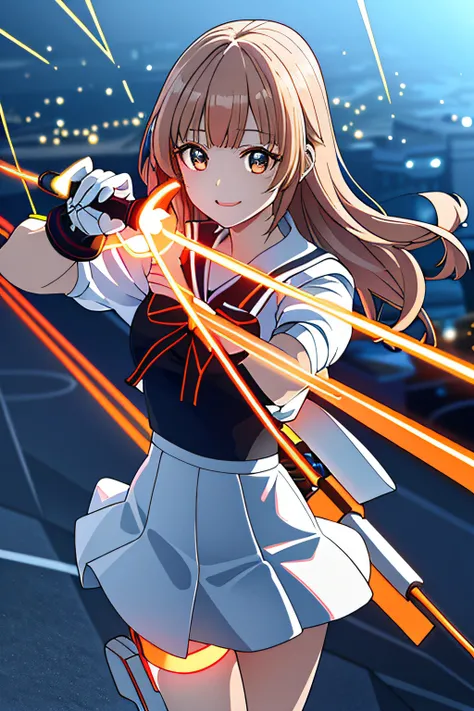 Cybernetic arm and glowing cyber girl,(J Womens Uniform,a sailor suit,White skirt,)Stand on a post-apocalyptic battlefield cityscape.Surrounded by a network of wires. Surrounded by a web of circuits. (Cyber Girl with Orange Glowing Sword:1.3), Glossy light...