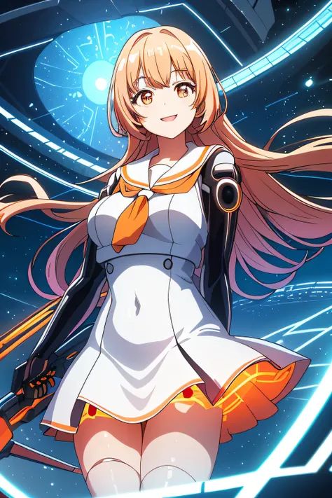 Cybernetic arm and glowing cyber girl,(J Womens Uniform,a sailor suit,White skirt,)Stand on a post-apocalyptic battlefield cityscape.Surrounded by a network of wires. Surrounded by a web of circuits. (Cyber Girl with Orange Glowing Sword:1.3), Glossy light...