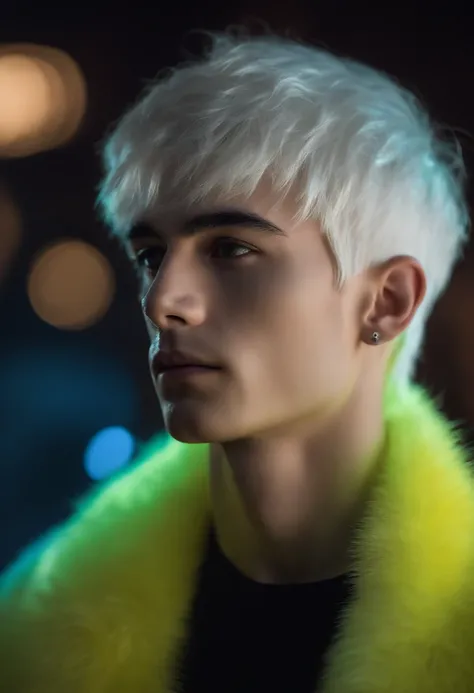 Young man, 20 years old, white hair, two block haircut , shirtless, wearing a black fur coat , reality photo, reality skin, detailed skin, glowing light eyes, Biomechanical, eerie, Creepy, nightmarish, Very bright colors, Light particles, with light glowin...