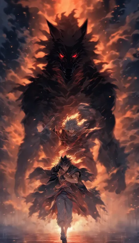 A man standing in a dark room, two women emerging from the mist with their eyes glazed and wolf-like gaze, rushing towards the man with hostility, ,32k, best quality, masterpiece, super detail, high details by Jidaimono Anime Style