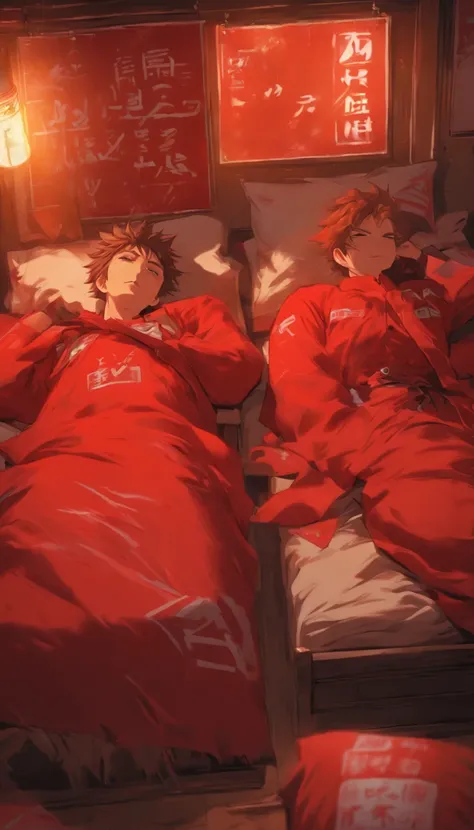 Two exhausted actors lying on separate beds in a room, wearing red undercover clothes, with a dimly lit warning sign on the wall, ,32k, best quality, masterpiece, super detail, high details by Jidaimono Anime Style