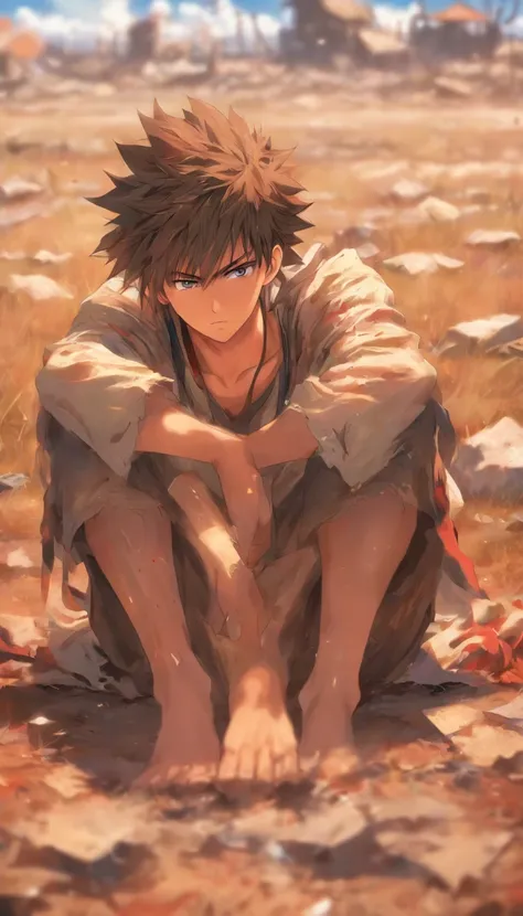 A young man lying on the ground, exhausted, with tattered clothes and sweat-soaked hair, surrounded by a desolate landscape, ,32k, best quality, masterpiece, super detail, high details by Jidaimono Anime Style