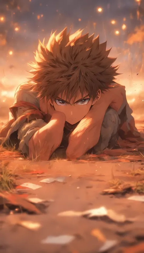 A young man lying on the ground, exhausted, with tattered clothes and sweat-soaked hair, surrounded by a desolate landscape, ,32k, best quality, masterpiece, super detail, high details by Jidaimono Anime Style