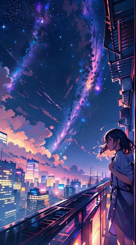 (best quality,4k,highres,masterpiece:1.2),ultra-detailed,realistic,anime girl standing on rooftop staring at night sky with star...