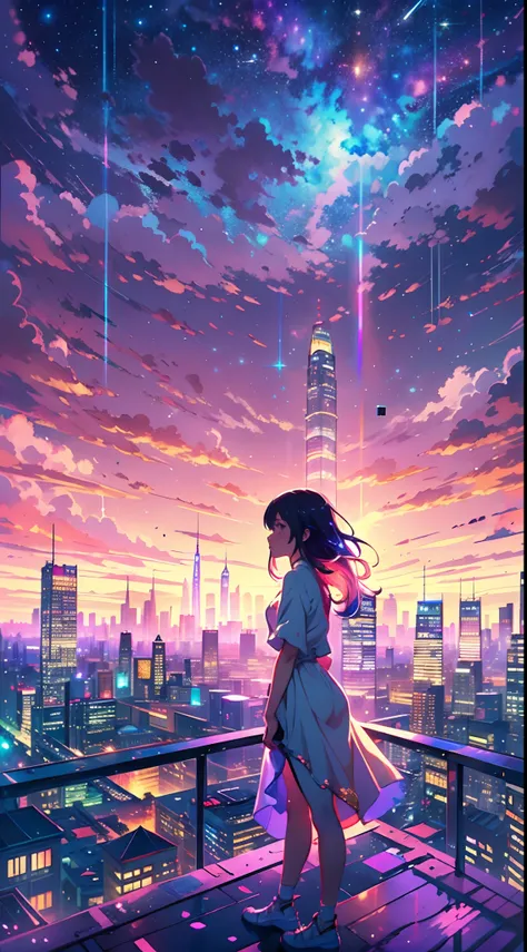 (best quality,4k,highres,masterpiece:1.2),ultra-detailed,(rainbow in the sky:1.2),realistic,anime girl standing on rooftop staring at night sky with stars and rainbow,rainbow starry night,anime-style art,beautiful detailed eyes,beautiful detailed lips,extr...