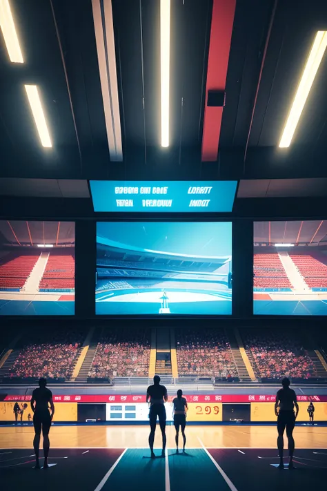 Surreal gymnasium，There are large electronic screens in the air，keyframe，strongcontrast，Strong sense of technology，Oil brush strokes are obvious