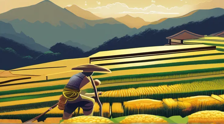 Japan Terraced Rice Fields。Steps surrounded by mountains々The rice fields are colored golden。Surrounded by golden rice、Farmers harvesting rice