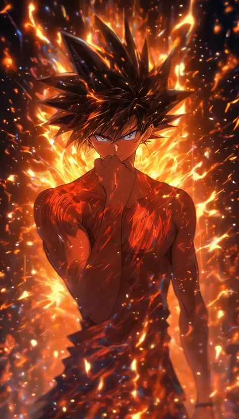 A young man wiping sweat, facing a massive black algorithm model with a mysterious glow and immense power, ,32k, best quality, masterpiece, super detail, high details by Jidaimono Anime Style