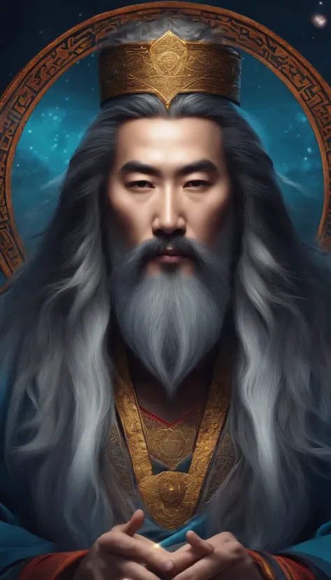 A close-up of a 30-year-old middle-aged Taoist chief,long whitr hair，Long beard，Meditation cross-legged，magic aura，Taoist master,Taoist，Very bright colors, Light particles, with light glowing, Mshiv, wallpaper art, UHD wallpaper