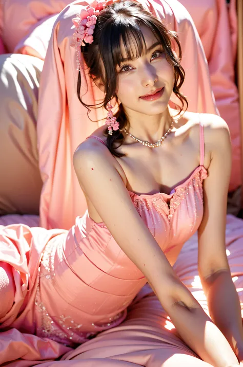 close up portrait of woman in pink dress sitting on bed, young sensual gravure idol, けもの, young pretty gravure idol, realistic y...