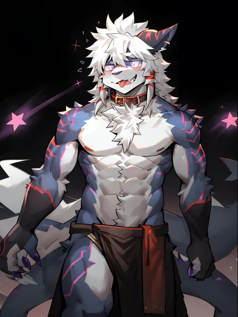 One guy，独奏，Full body like，shaggy male，hairy bodies，Correct anatomy，Detailed double eyes，glowing light eyes，Wearing a naked，Black loincloth，Muscular，long  white hair，drak，shoun（thin tall body type），male people，There are small horns on the head，black-skinned...