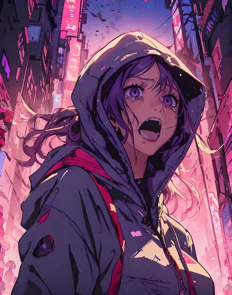 anime girl with hoodie and details ((purple_blur glowing lens)) eyes , apocalypse city,  girl in hoodie, digital, details face, details lips, backlight cyberpunk anime art, badass anime 8 k, anime style 4 k, cyberpunk anime art, anime cyberpunk art, anime ...