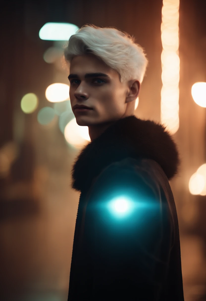 Young man, 20 years old, white hair, two block haircut , shirtless, wearing a black fur coat , reality photo, reality skin, detailed skin, glowing light eyes, Biomechanical, eerie, Creepy, nightmarish, Very bright colors, Light particles, with light glowin...