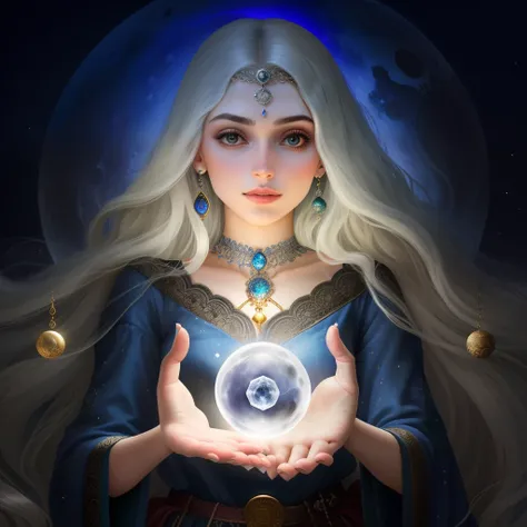 There is a young woman holding a crystal ball in her hands, humano :: feiticeira, Hecate, Deusa da Lua, deusa lunar, Maya Ali como uma feiticeira da tempestade, Mago Celestial Lindo, portrait of a norse moon goddess, /! A Feiticeira, feiticeira, hecate god...