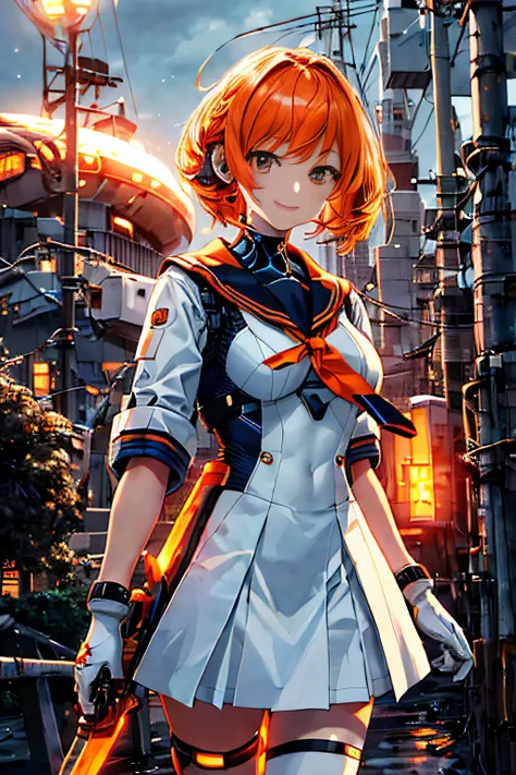 Cybernetic arm and glowing cyber girl,(J Womens Uniform,a sailor suit,White skirt,)Stand on a post-apocalyptic battlefield cityscape.Surrounded by a network of wires. Surrounded by a web of circuits. (Cyber Girl with Orange Glowing Sword:1.3), Glossy light...