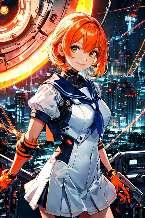 Cybernetic arm and glowing cyber girl,(J Womens Uniform,a sailor suit,White skirt,)Stand on a post-apocalyptic battlefield cityscape.Surrounded by a network of wires. Surrounded by a web of circuits. (Cyber Girl with Orange Glowing Sword:1.3), Glossy light...