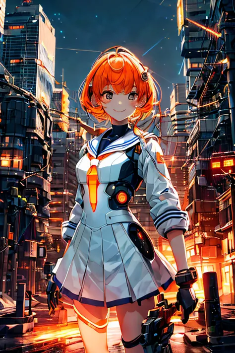 Cybernetic arm and glowing cyber girl,(J Womens Uniform,a sailor suit,White skirt,)Stand on a post-apocalyptic battlefield cityscape.Surrounded by a network of wires. Surrounded by a web of circuits. (Cyber Girl with Orange Glowing Sword:1.3), Glossy light...