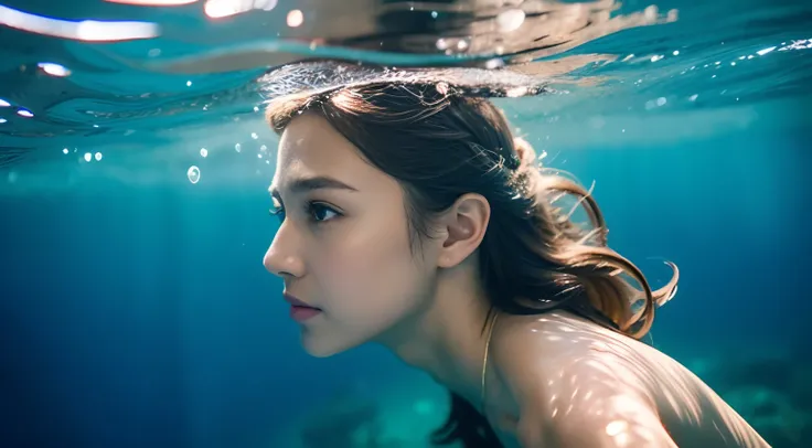 （8K分辨率，（Portrait of a person taken in the ocean），barebacked，Contains underwater sub-shots，Woman diving swimming），（Multiple women，age 22，Mature sexy woman，（（s delicate face，详细的脸，cute  face，Small bubbles on the face），（Flowing hair in the water，Hair that floa...