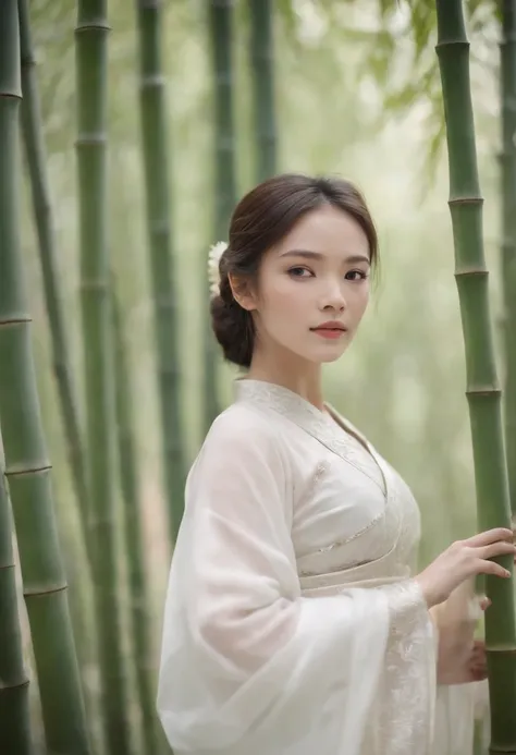 A girl walking through a bamboo forest，white hanfu，Full body like，Stunning，25 age old，Fluttering dresses，The background is a bamboo forest，path，Blurred background，