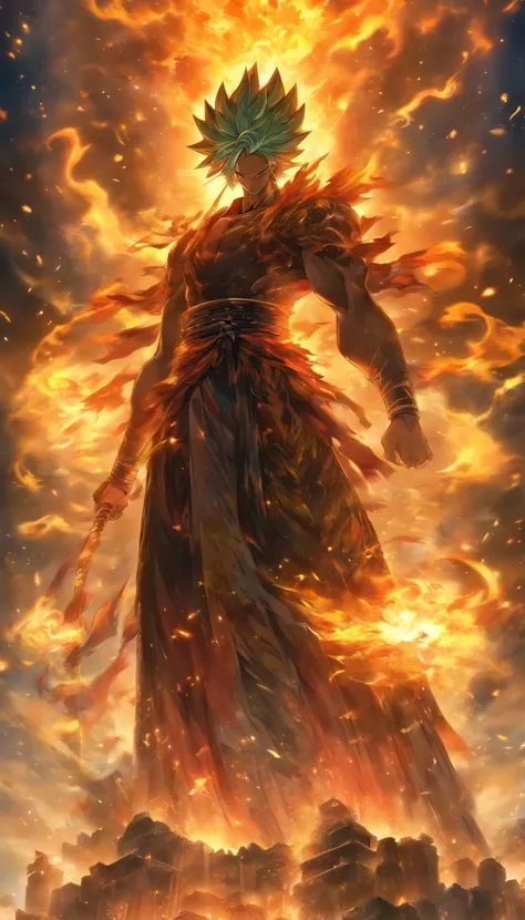 The majestic Saint stands on a high platform, holding a staff radiating immense power, the ground shattering and flames splattering as he extends his arm forward. The remains of Xiao Huohuo are scattered around. ,32k, best quality, masterpiece, super detai...