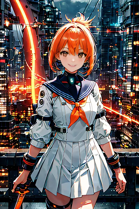 Cybernetic arm and glowing cyber girl,(J Womens Uniform,a sailor suit,White skirt,)Stand on a post-apocalyptic battlefield cityscape.Surrounded by a network of wires. Surrounded by a web of circuits. (Cyber Girl with Orange Glowing Sword:1.3), Glossy light...