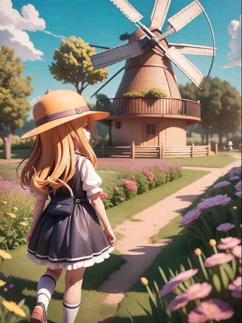 There is a poster with a cartoon character in a cap hat and a long hair,  three happy mini cute girls, playing together  in the , flower farm, windmill in background,  animation style rendering, cute 3 D rendering, small characters. Unreal Engine 5, styliz...