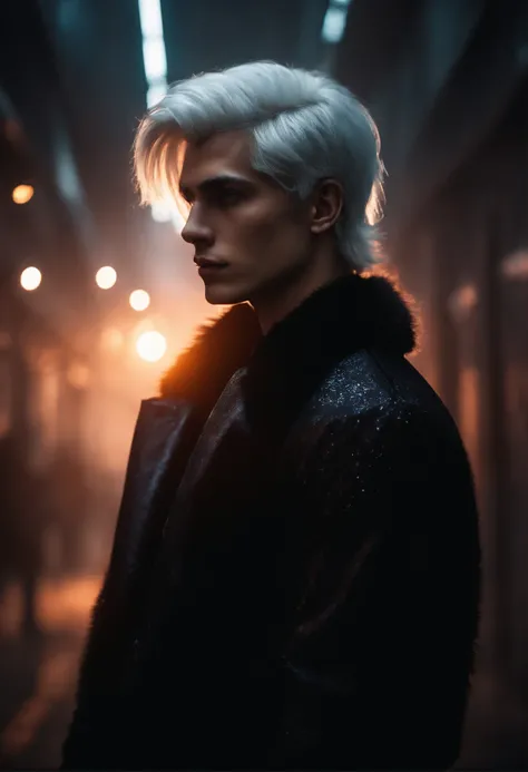 Young man, 20 years old, white hair, two block haircut , shirtless, wearing a black fur coat , reality photo, reality skin, detailed skin, glowing light eyes, Biomechanical, eerie, Creepy, nightmarish, Very bright colors, Light particles, with light glowin...