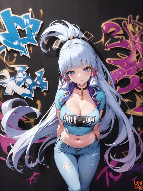 kamisato ayaka|genshin impact, master-piece, bestquality, 1girls,25 years old, proportional body, elongated legs, Beautiful, proportional., crop top, Long Jeans, mediuml breasts, ,bara, crop top, choker, (Graffiti:1.5), Splash with purple lightning pattern...