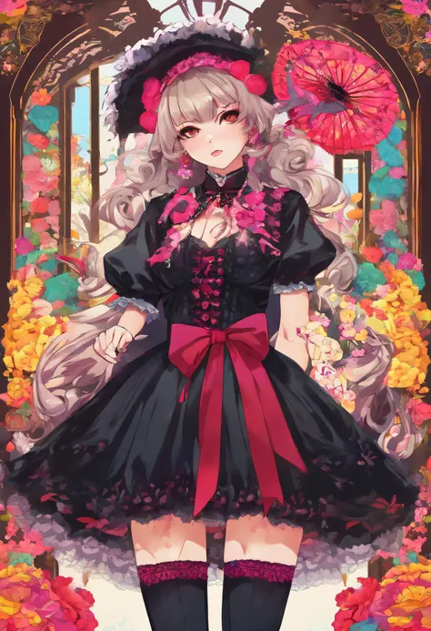 "(One girl in black gothic lolita fashion+rot+blanche),Colorful colors、 The upper part of the body、incredible details, Traditional background of Japan, Magnificent illustrations, Perfect picture quality"