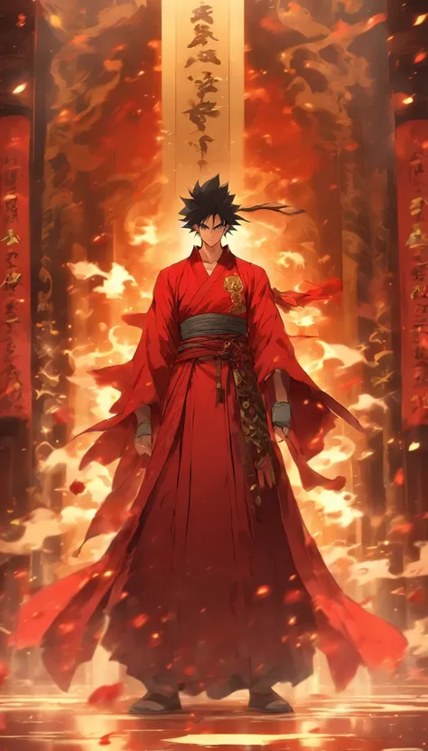 A confident young man standing in front of the grand hall of the Red Robe Sect, holding a large pile of escape talismans, the grand hall exuding a mysterious aura, with a majestic Sword Sect Master inside, ,32k, best quality, masterpiece, super detail, hig...