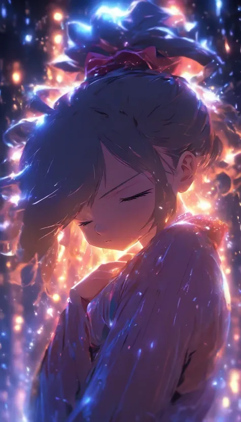 A petite girl bowing her head, sweating profusely on her forehead, surrounded by a dark atmosphere, ,32k, best quality, masterpiece, super detail, high details by Jidaimono Anime Style