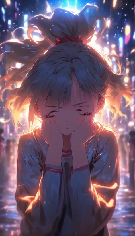 A petite girl bowing her head, sweating profusely on her forehead, surrounded by a dark atmosphere, ,32k, best quality, masterpiece, super detail, high details by Jidaimono Anime Style