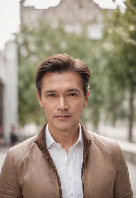 Portrait of handsome man 50 years old round face cinematic appearance、White shirt and jacket、Looking straight ahead at the camera、Gentle expression、Gentle eyes、Brown jacket