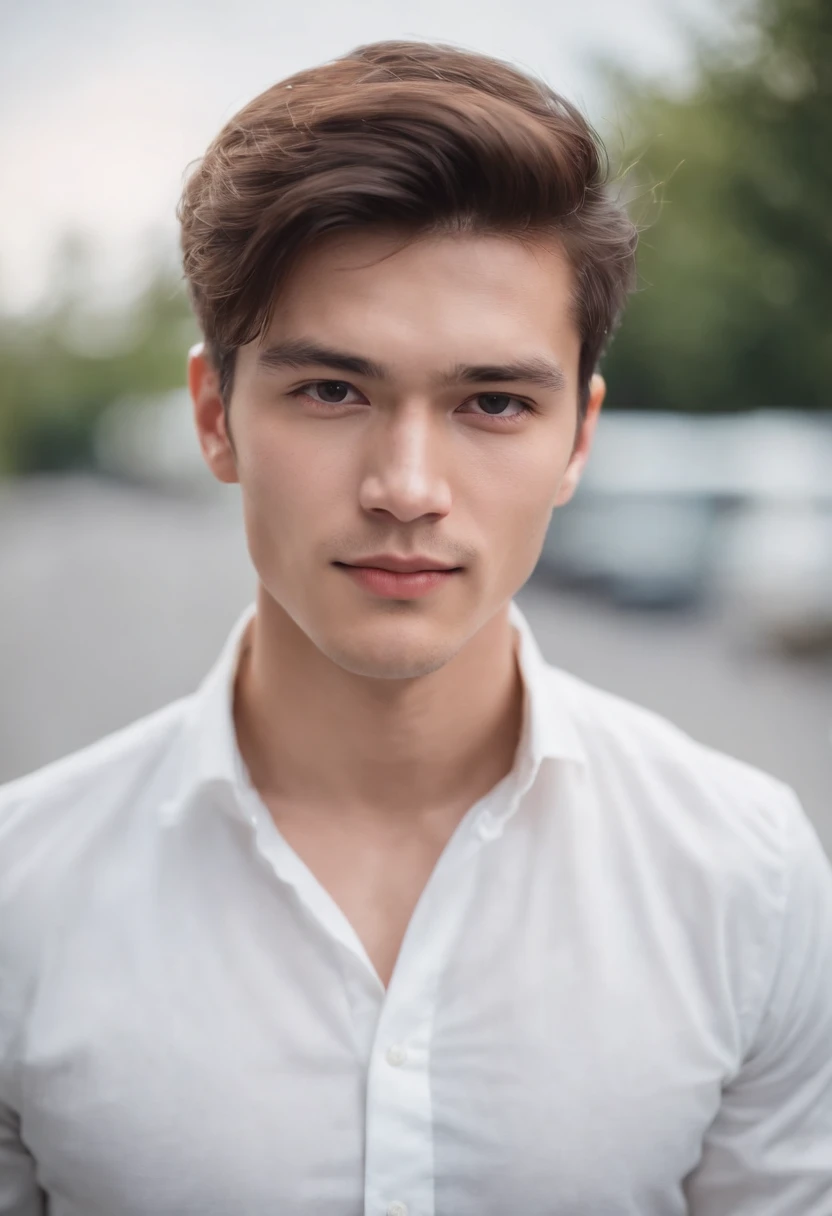 Portrait of handsome man 20 years old round face cinematic appearance、White shirt 、Looking straight ahead at the camera