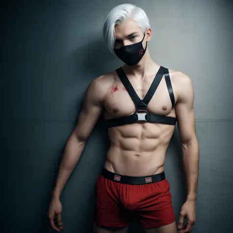 Teen male posing, boxerbriefs, skinny body, atmospheric, cute face, white hair, blood, topless, mask, harness, dead inside