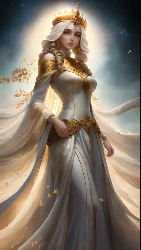 Soft and dreamy 8mm lens portrait of an Arabic dev brama of a universe adorned with a natural crown of gold and leaves and masses, ethereal dress. Soft snow sky. Using 8K High Definition. Art styles Greg Rutkowski , Android Jones , Tamsyn. Intricate dynami...