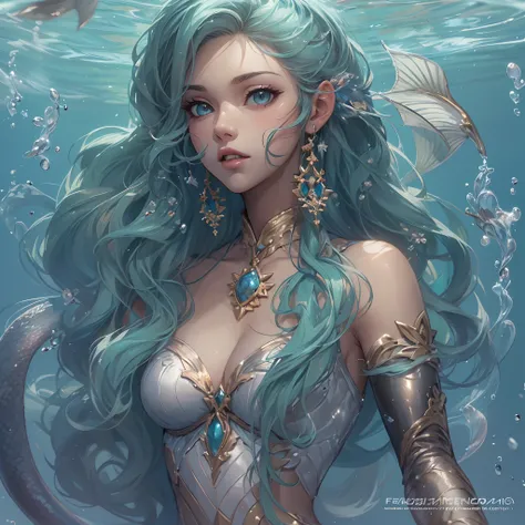 ((Masterpiece, Highest quality)), Detailed face, CharacterDesignSheet， full bodyesbian, Full of details, Multiple poses and expressions, Highly detailed, Depth, Many parts，Beautiful mermaid girl，Human fishtail，estilo fantasia，Extremely beautiful，High Balan...