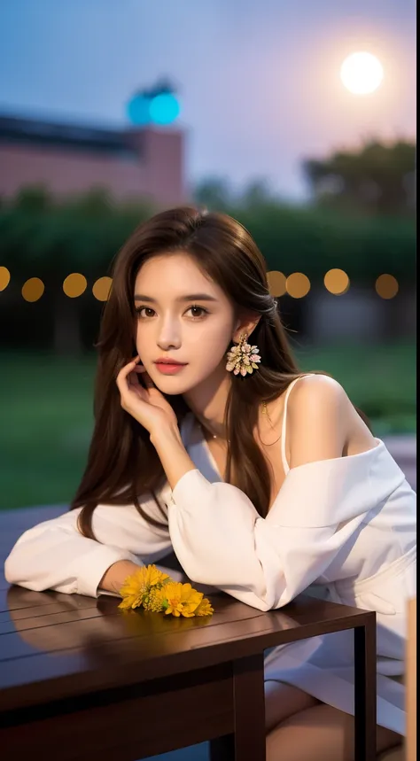 1girll, Blurry, Blurry_Background, brown_Eyes, brown_Hair, Depth_af_Field, Earrings, flower, full_Moon, Hair_flower, Hair_decorations, Lips, Looking_at_peeping at the viewer, Moon, Moonlight, Night, Night_sky, Outdoors, Advancedsense