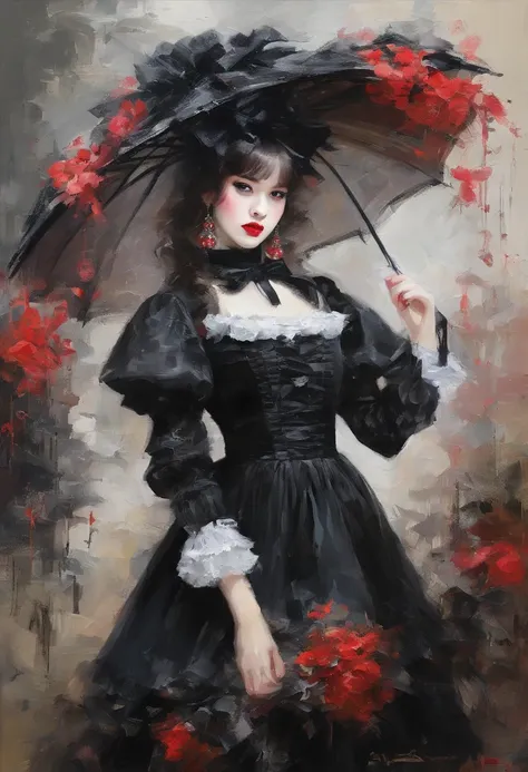 "(Girl in black gothic lolita fashion+rot+blanche),Colorful colors、 The upper part of the body、incredible details, Traditional background of Japan, Magnificent illustrations, Perfect picture quality"