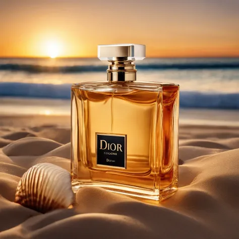 Photography of Dior cologne on the beach is some of the cologne inside the sand, The sunset should be clear on the sea, sharp sands, surrounded by some seashells and starfish, high quality in shadows, ultra quality in sands, super details, 8k