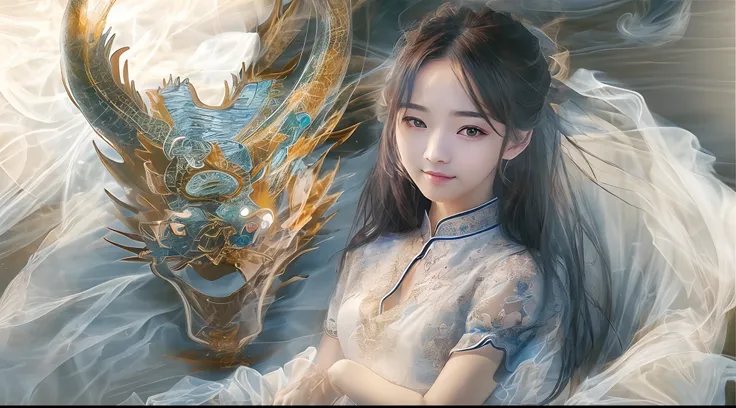 (Best quality, Ultra-detailed, Realistic:1.37), hdr, Vivid colors, Blurred dragon-shaped smoke, 1 girl, Goddess, Lace cheongsam, Lie down in bed, captivatinggaze