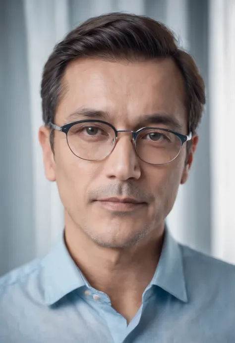 Portrait of handsome man 50 years old round face cinematic appearance、Light blue shirt with collar、Wearing stylish silver-rimmed glasses、Looking at the camera