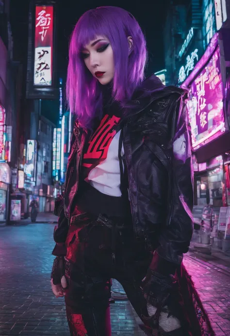 japanaese girl,pale skin,beatiful face(purple hair)red jacket,Tokyo at night, with Cyberpunk style,Japanese streetwear,Tokyo Fashion,In a Cyberpunk 2 jacket 0 7 7,Full-length,attractive pose,Bottom view