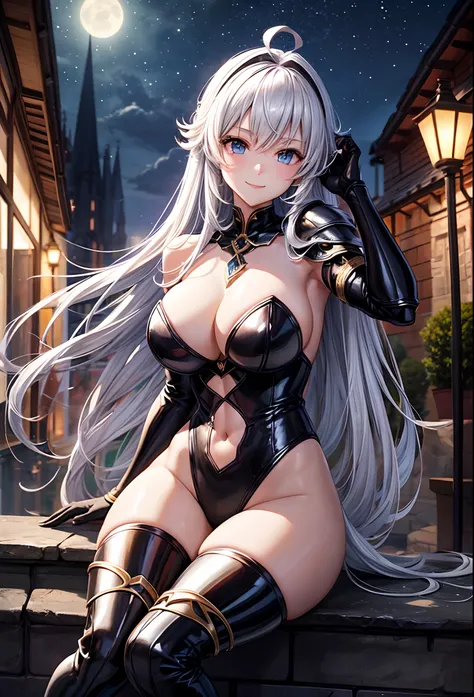 Woman knight、a beauty girl、huge tit、Excellent style、Nice Buddy、glamorous、Black leotard、s Armor、Bra chest armor、knee boots、gauntlets、hair adornments、silber hair、Longhaire、Ahoge、Medieval city、full body seen、outside of house、Night view、a smile、Perched、legs cr...