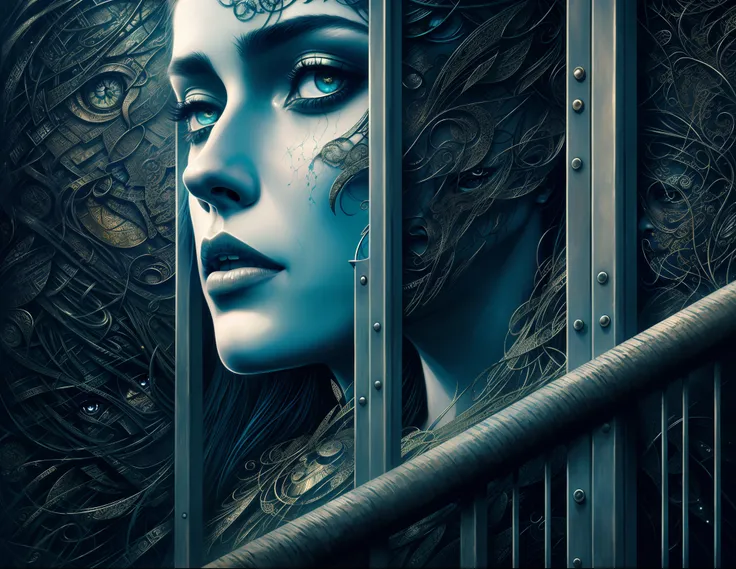 There was a man trapped in a cage，A face is painted on the cage，detailed matte fantasy portrait，karol bak uhd， Tomasz Alen Kopera and CGsociety，Inspired by Tomasz Alen Kopera，8 0s style，tomasz alen kopera，4k highly detailed digital art