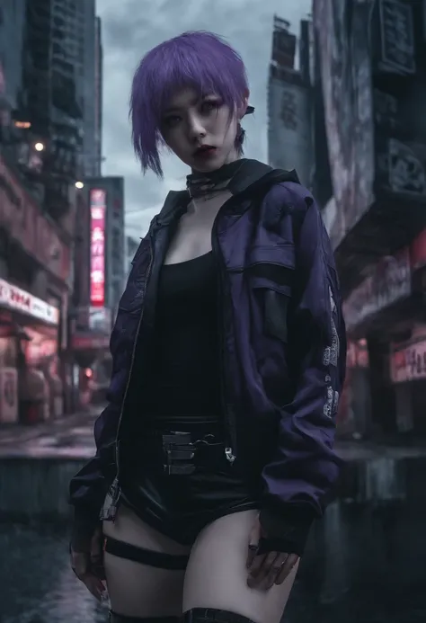 japanaese girl,pale skin,beatiful face(purple hair)red jacket,Tokyo at night, with Cyberpunk style,Japanese streetwear,Tokyo Fashion,In a Cyberpunk 2 jacket 0 7 7,Full-length,attractive pose,Bottom view