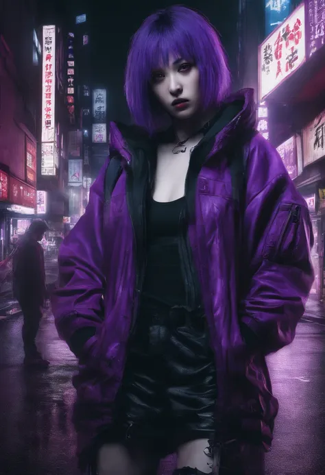 japanaese girl,pale skin,beatiful face(purple hair)red jacket,Tokyo at night, with Cyberpunk style,Japanese streetwear,Tokyo Fashion,In a Cyberpunk 2 jacket 0 7 7,Full-length,attractive pose,Bottom view