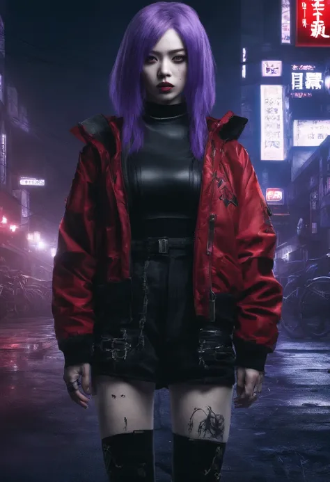 japanaese girl,pale skin,beatiful face(purple hair)red jacket,Tokyo at night, with Cyberpunk style,Japanese streetwear,Tokyo Fashion,In a Cyberpunk 2 jacket 0 7 7,Full-length,attractive pose,Bottom view