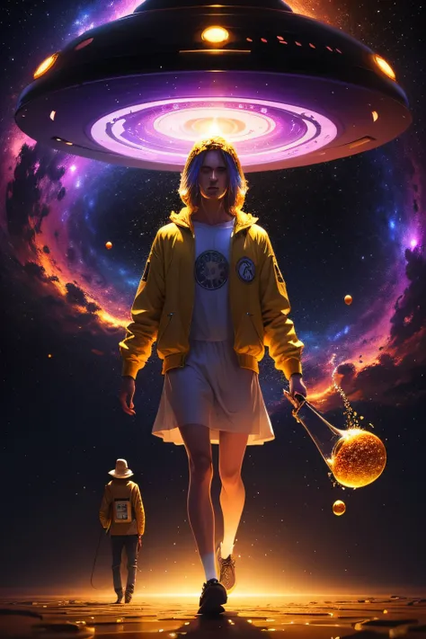 a completely psykedelic man and girl walk on a ufo pouring honey on it everywhere, behind them the galaxy and the planet in a creamy state like honey